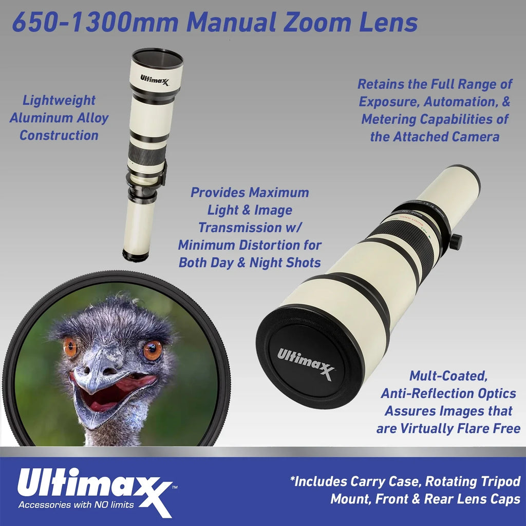 1300mm for f/8 Lens to (with F-Mount 650 2X- 1300-2600mm) Cameras More Telephoto Nikon Ultimaxx Manual &