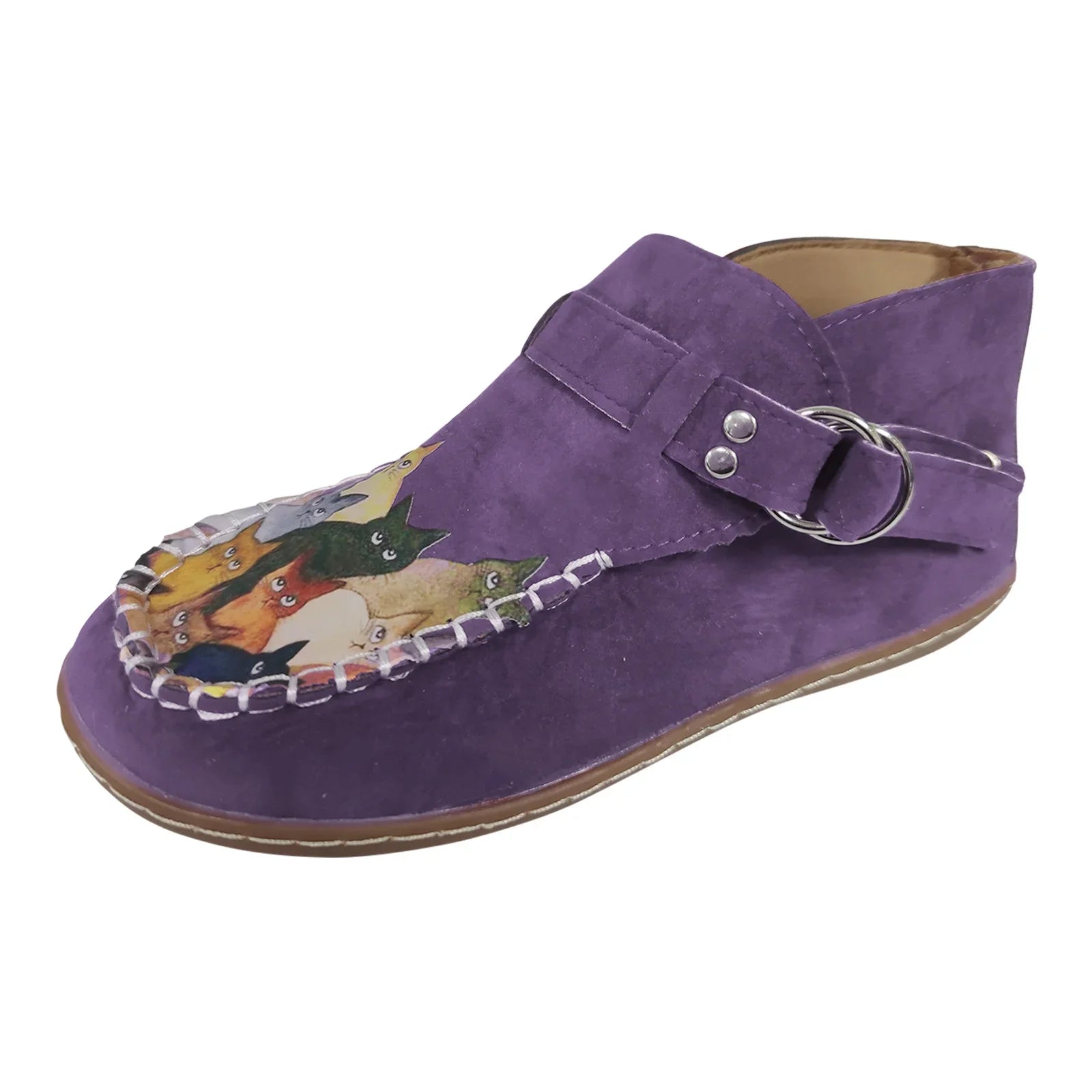 Printed Flat boots Cartoon women's Comfort Button Cat Leather Boots Female Casual Ankle