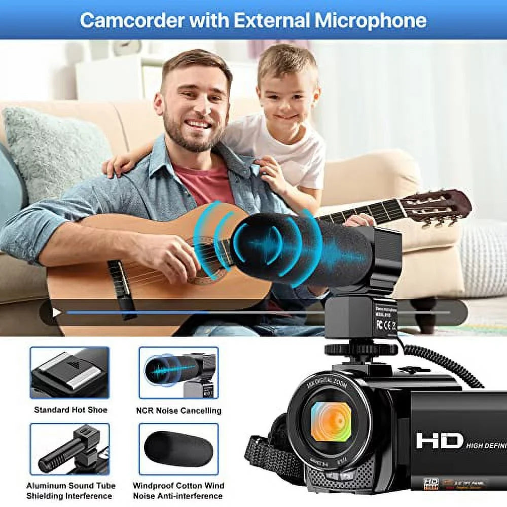 Camcorder Camcorder Microphone,Remote Camera Batteries Camera Vlogging Touch Night Video Recorder 26MP Digital 16X IR and with Zoom Vision 2 3.0'' FHD 30FPS Screen YouTube 1080P WiFi