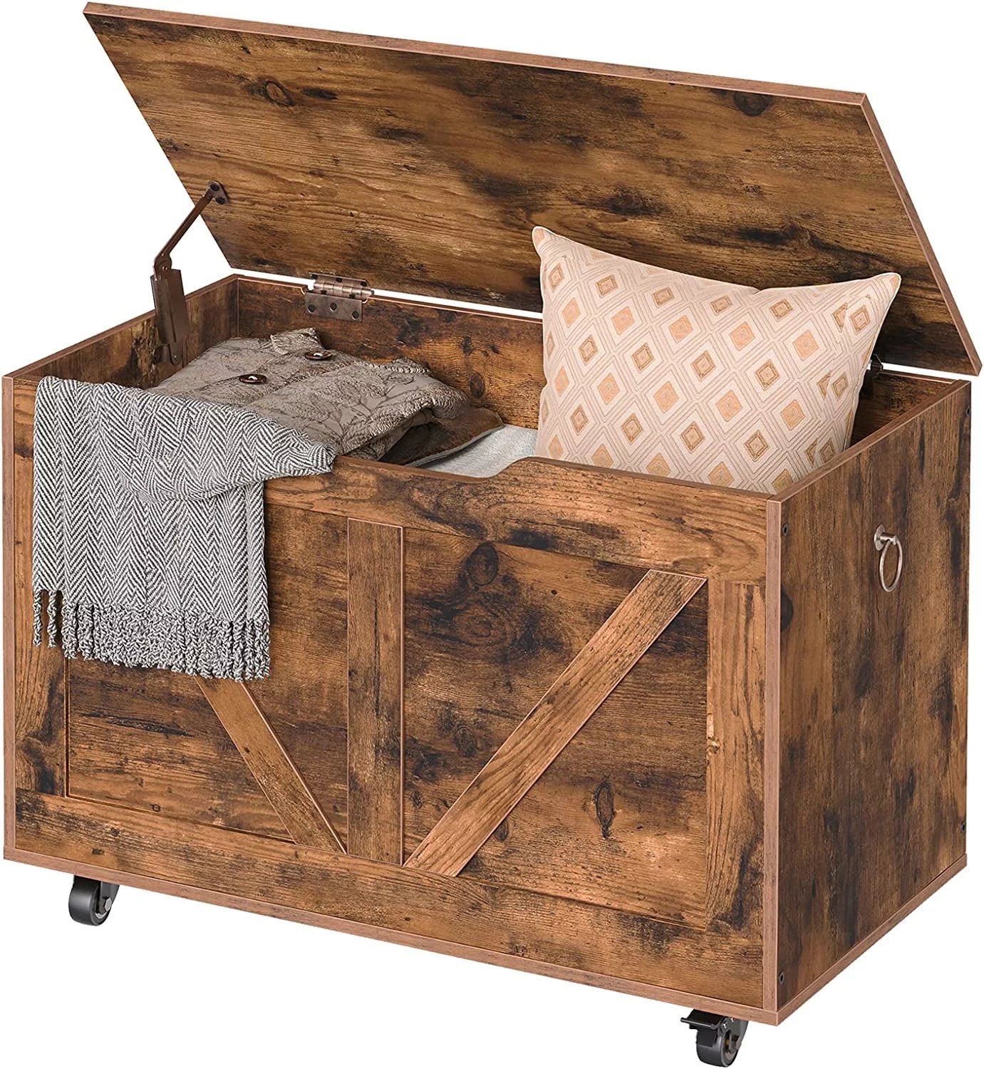 Trunk on Sturdy Shoe Supports Rustic 220 Wheels, U-Shaped Bench, Safety Assembly, Chest, Storage Easy Wooden Opening, Storage lb, WAGEE FG74CW01 Movable, Bench Brown Bench, Entryway Storage Hinge,