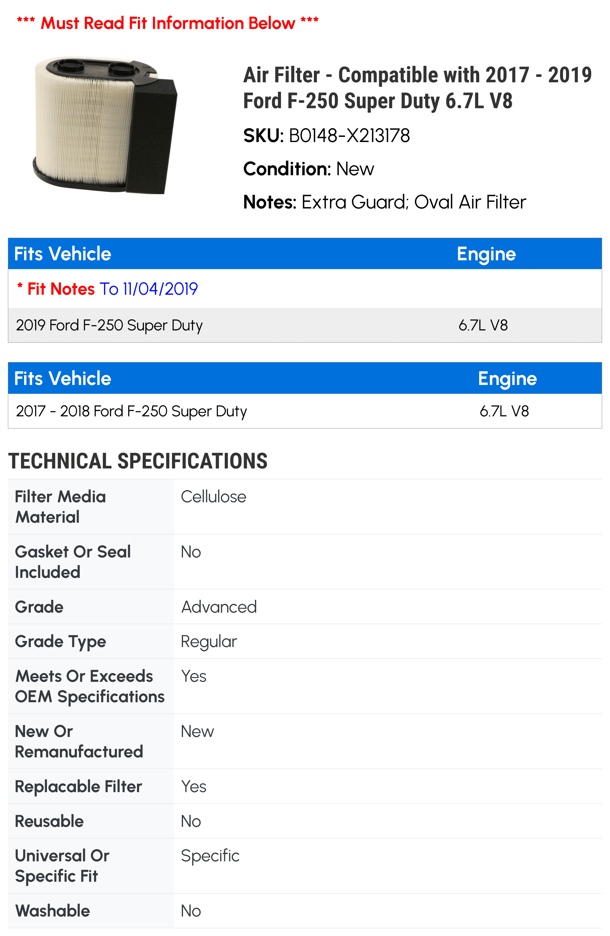 2019 Ford Super - - Air V8 Compatible Filter 6.7L F-250 2017 with 2018 Duty