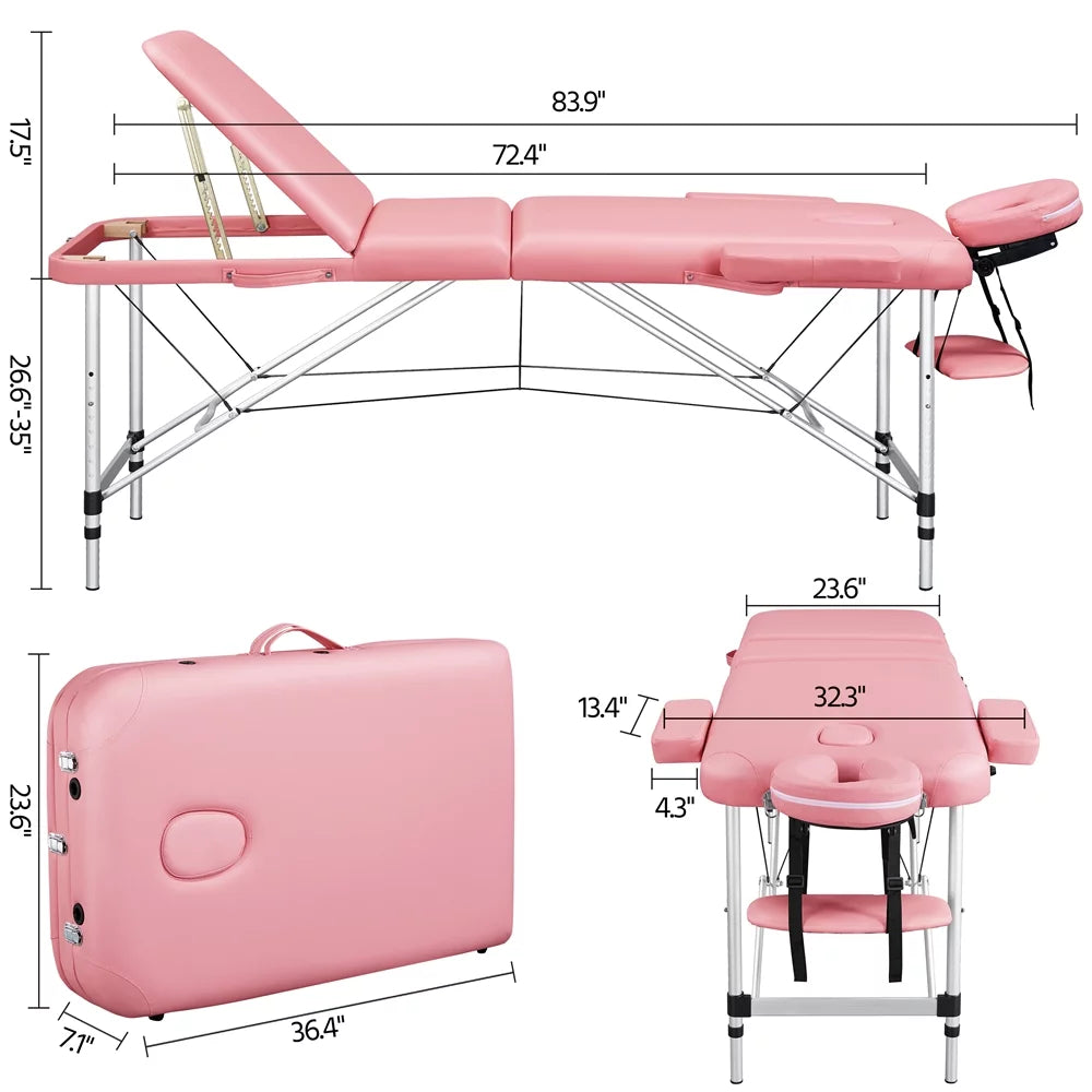 Pallet, Portable Couch, Table 3-Fold Alloy Equipment, Backrest/Headrest/Armrest/Hand Salon Pink 84'' Bed, Massage with Yaheetech Adjustable Spa Massage Bed Massage