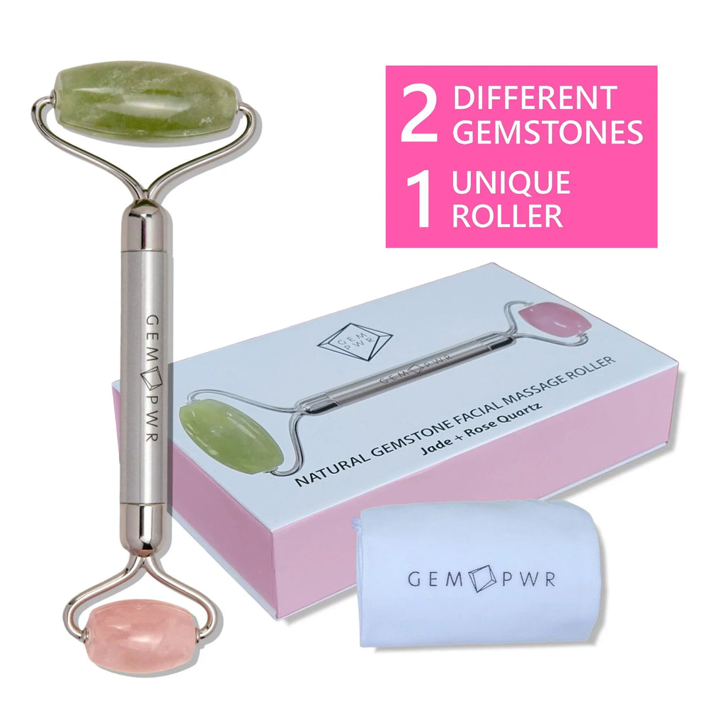 Travel GEM Bag Roller, Jade Dual with PWR 2-in-1 Face Quartz Handle Rose + Steel and Durable Head