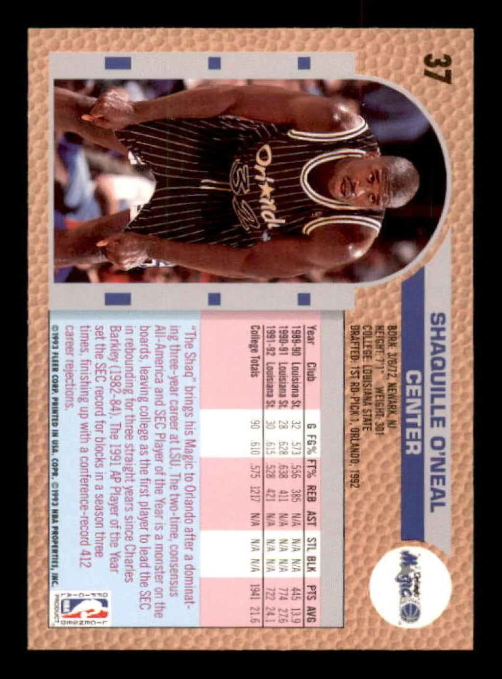 #37 1992-93 O'Neal Card Rookie Drake's Shaquille Fleer