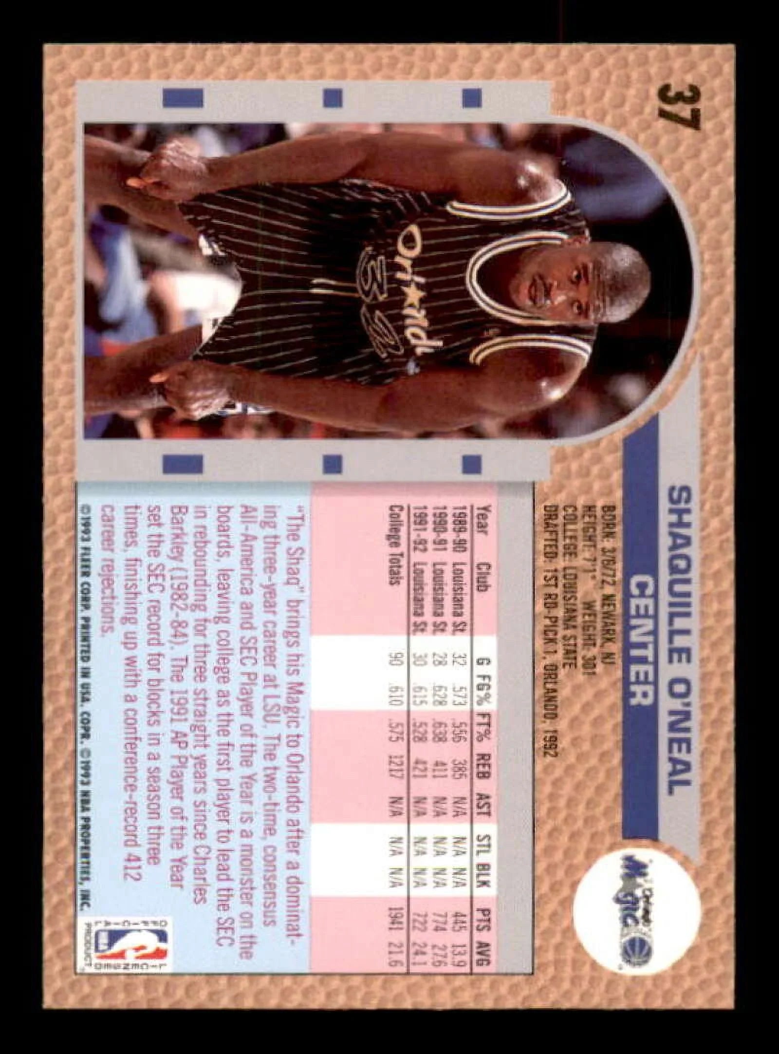 #37 1992-93 O'Neal Card Rookie Drake's Shaquille Fleer
